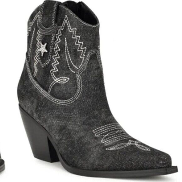NINE WEST Women's Western Boots Cowboy Distressed Embroidered Denim Black Size7 - Picture 1 of 12